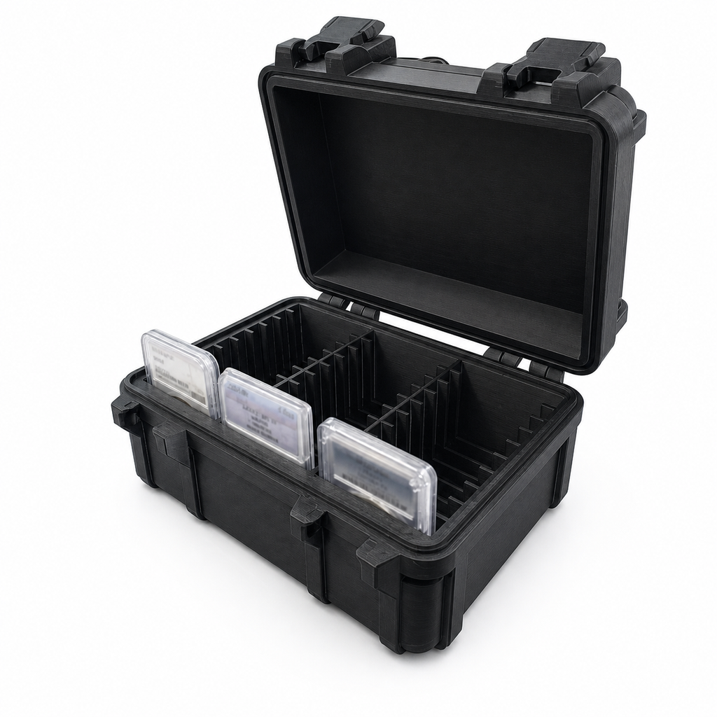 CCSB30 graded coin slab storage case open with three demonstration slabs inserted