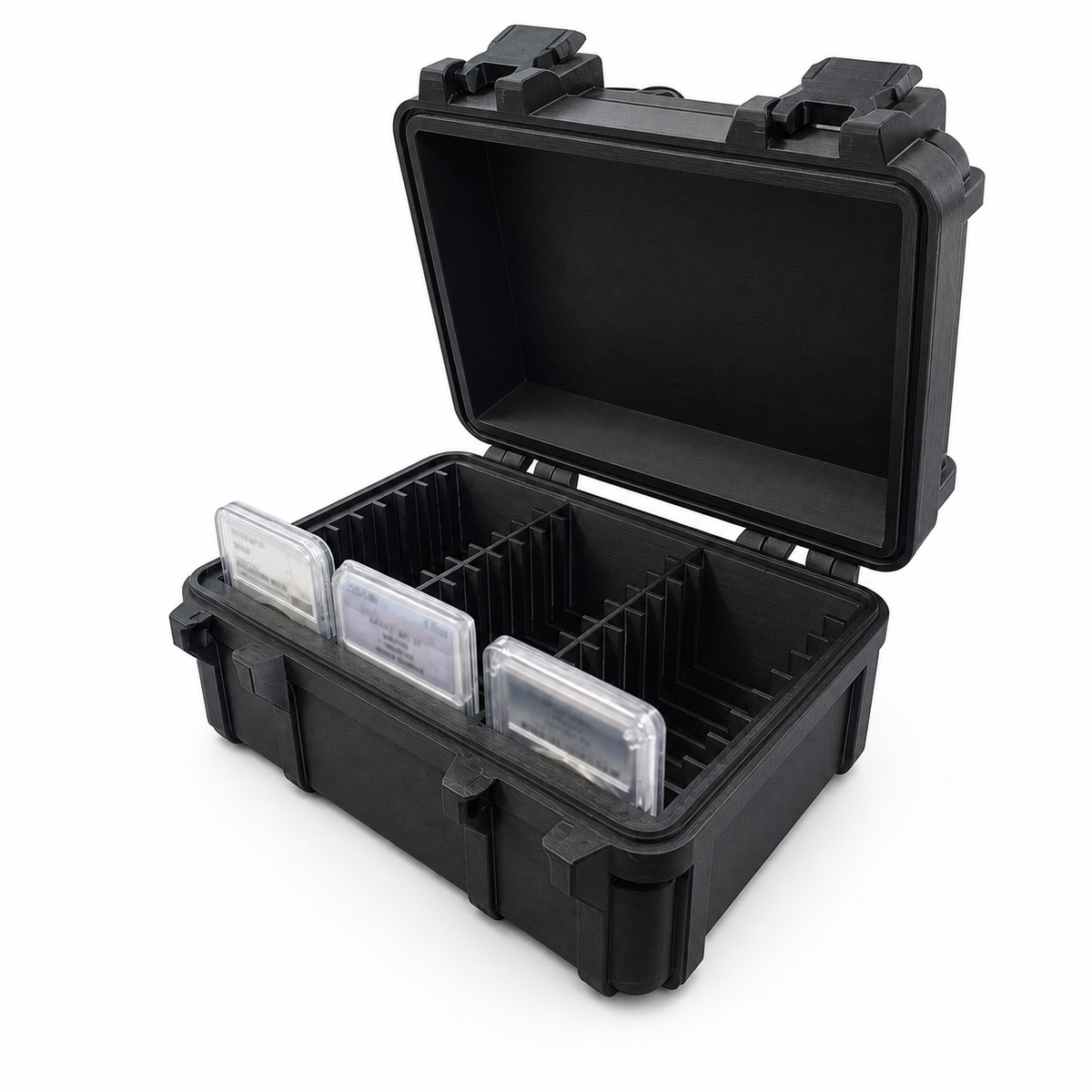 CCSB30 graded coin slab storage case open with three demonstration slabs inserted