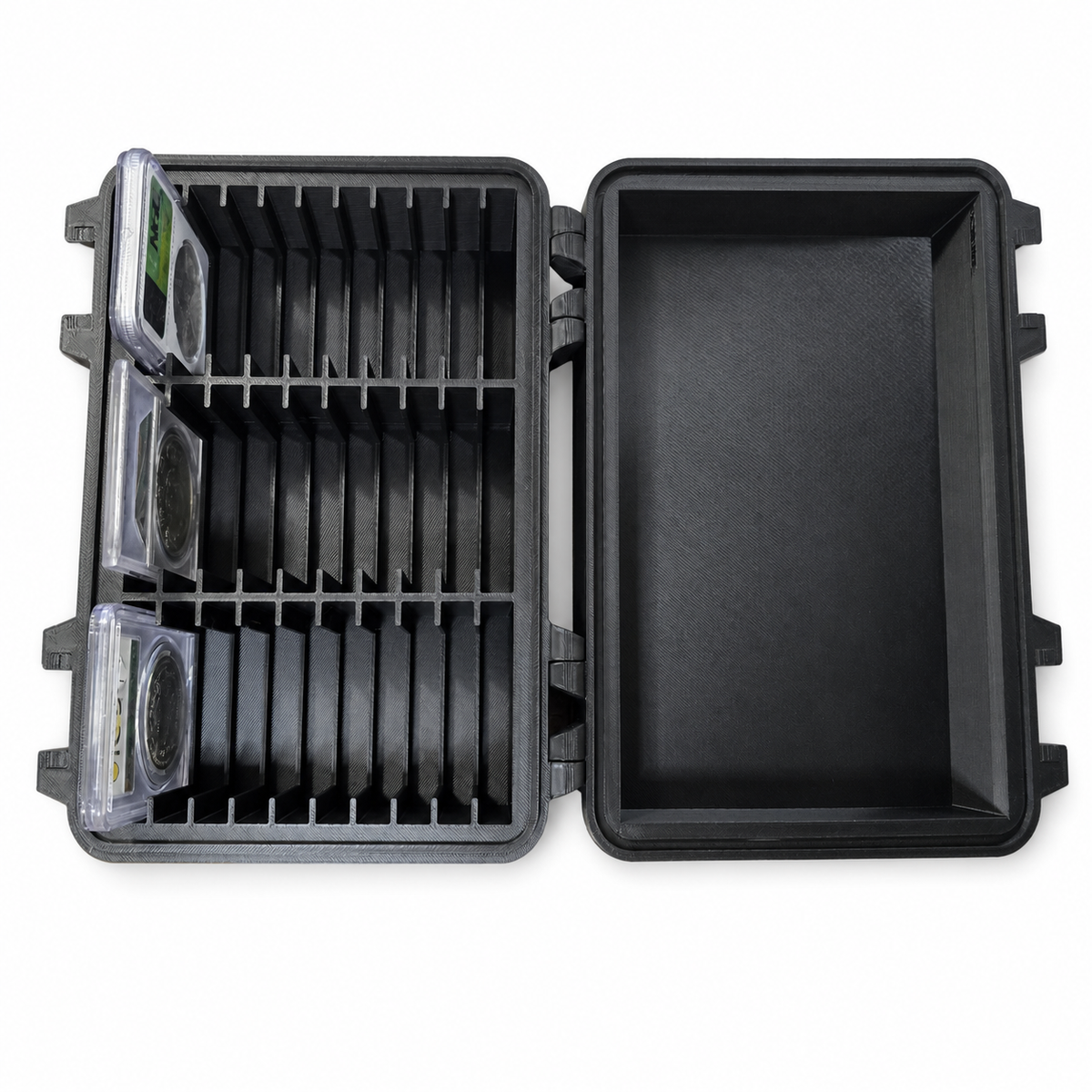 CCSB30 graded coin slab storage case open overhead with three demonstration slabs inserted