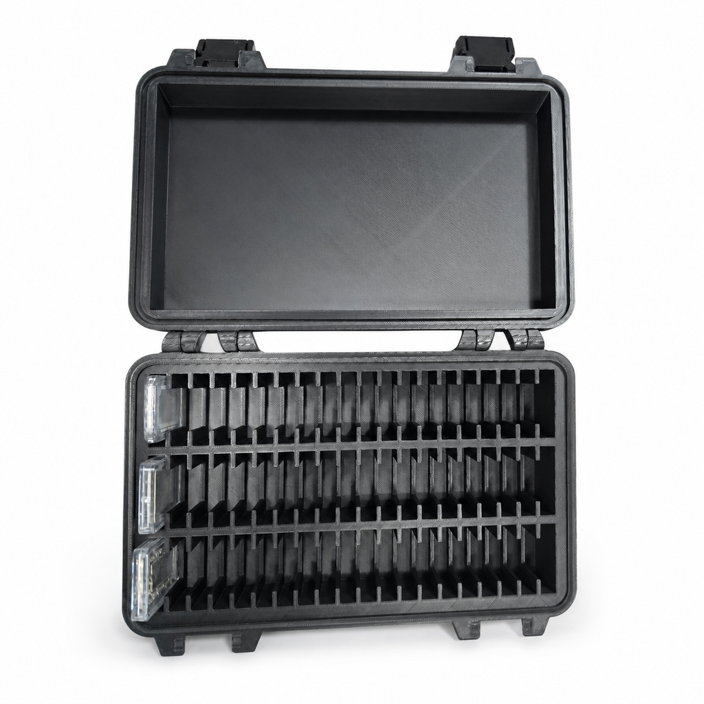 Top view of black CC1BAR60 open on a white background, showing three rows of slots with three sample bars
