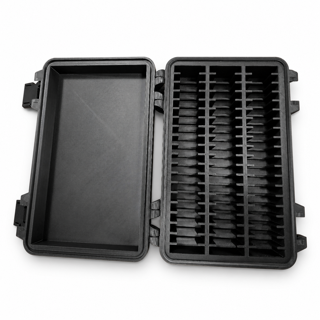 Top view of empty black CC1BAR60 open on a white background, showing the 60-slot divider layout and lid compartment