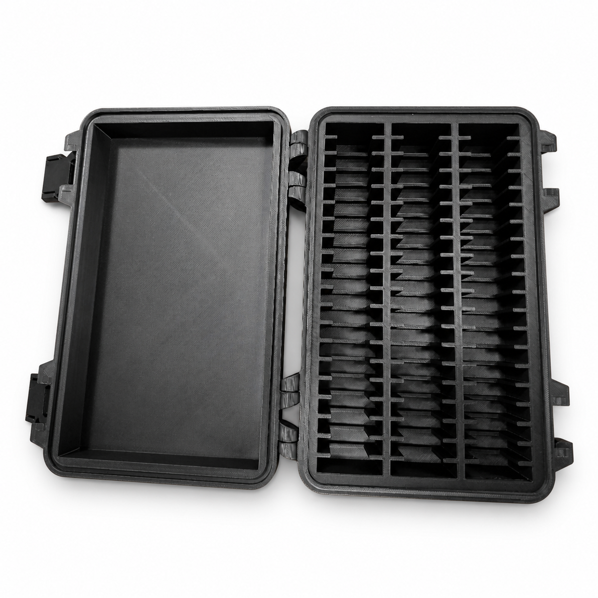 Top view of empty black CC1BAR60 open on a white background, showing the 60-slot divider layout and lid compartment