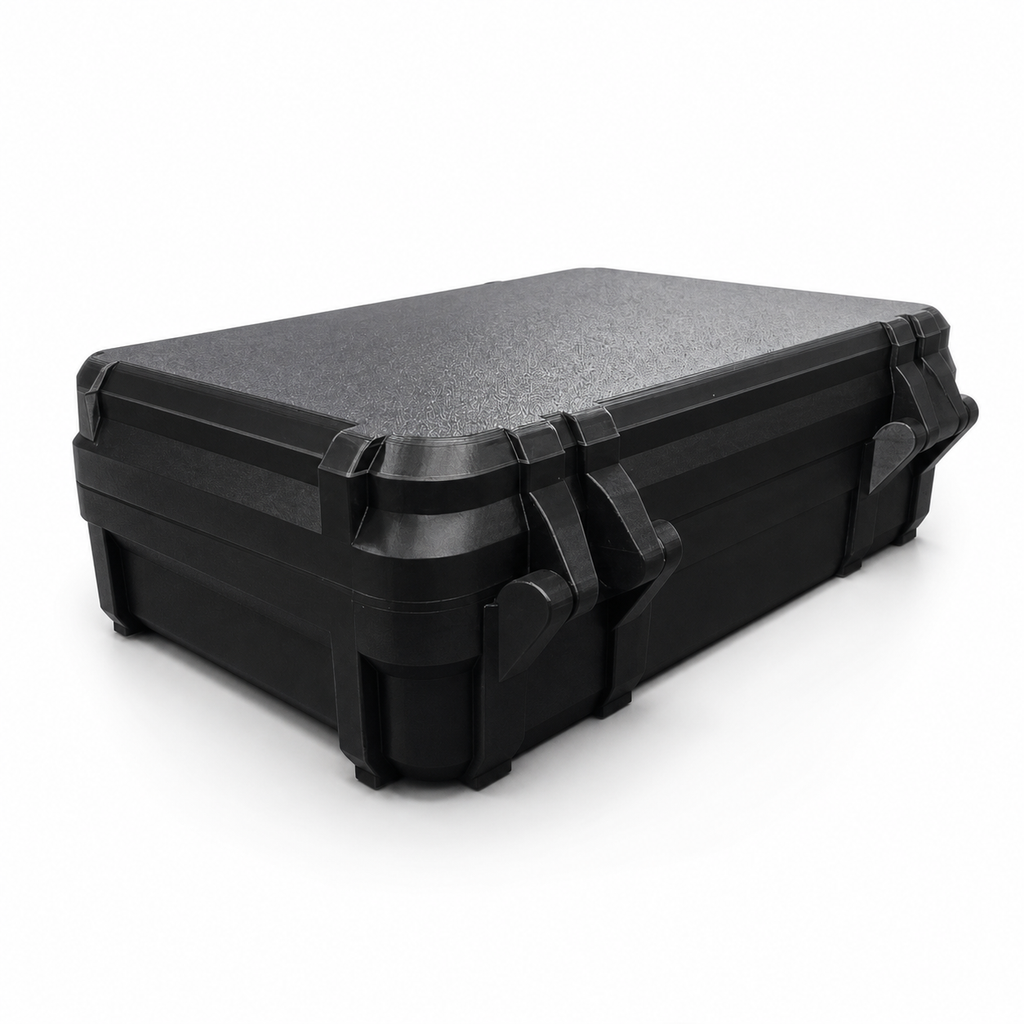 Black CC1BAR60 60-count 1 oz bar holder closed on a white background, low left angle showing reinforced corners and latches