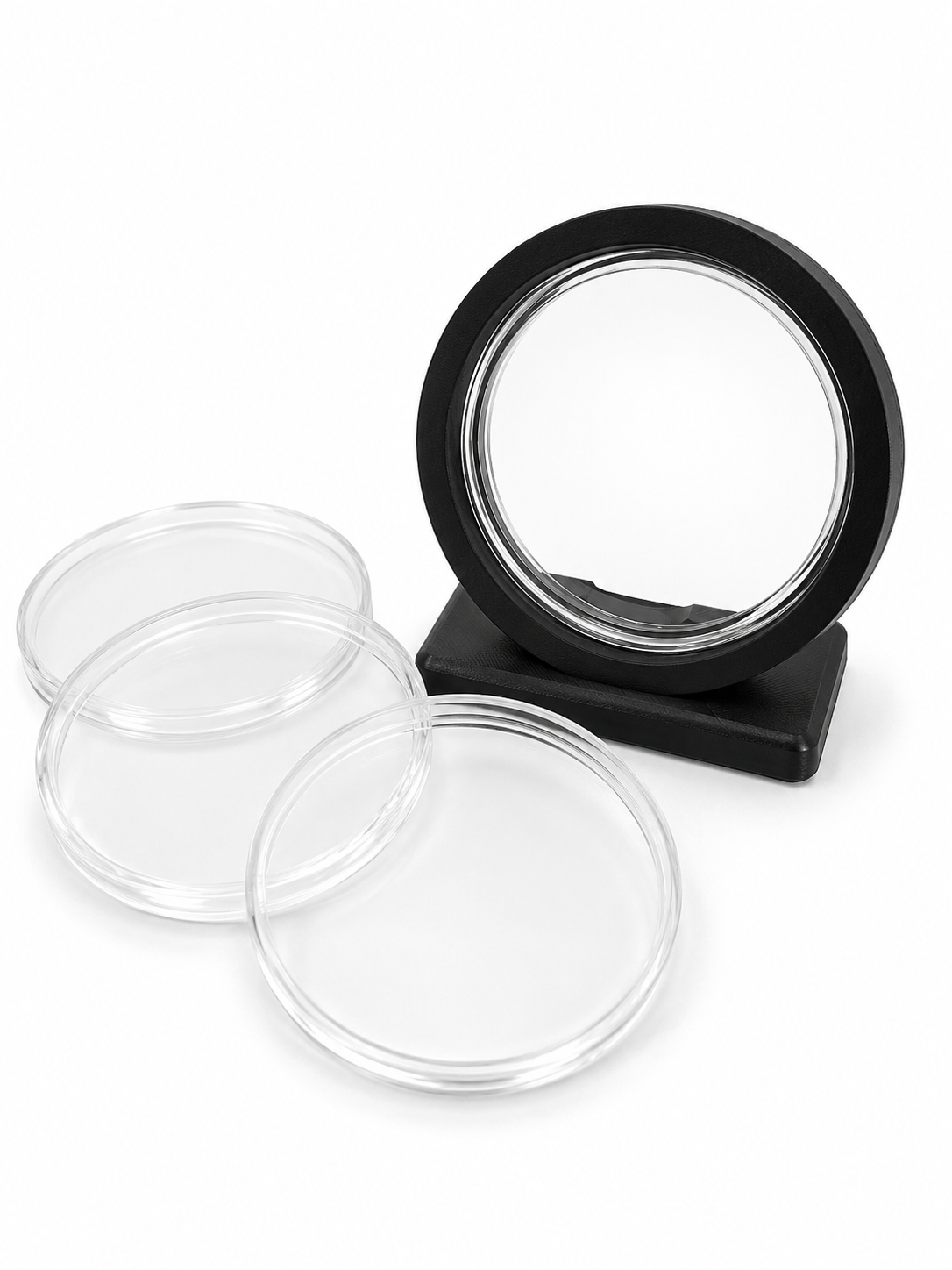 Black 5 oz Y65-compatible capsule stand with clear capsules