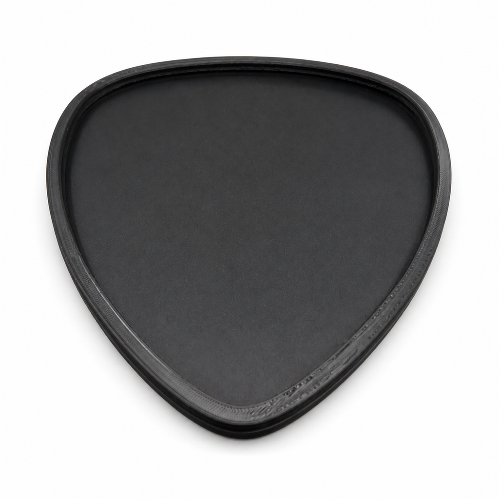 Black Pick Out guitar pick-shaped tray centered on a white background, top view showing its rounded triangular rim