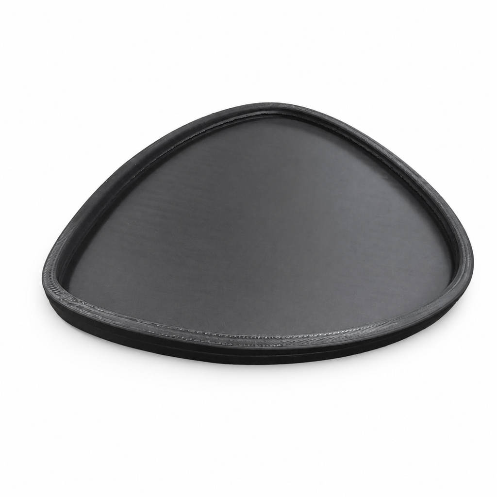 Black Pick Out guitar pick-shaped tray on a white background, low front angle showing the shallow profile and raised rim