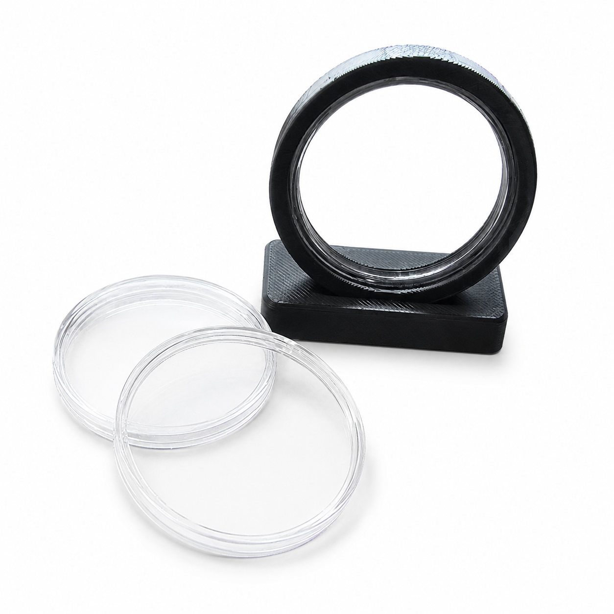 Black 1 oz H39/H40-compatible capsule stand with clear capsules