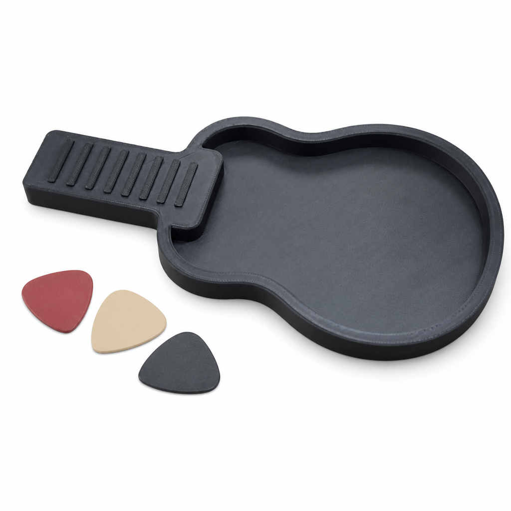 Black Papaw acoustic-guitar-shaped pick holder from the opposite angle on a white background